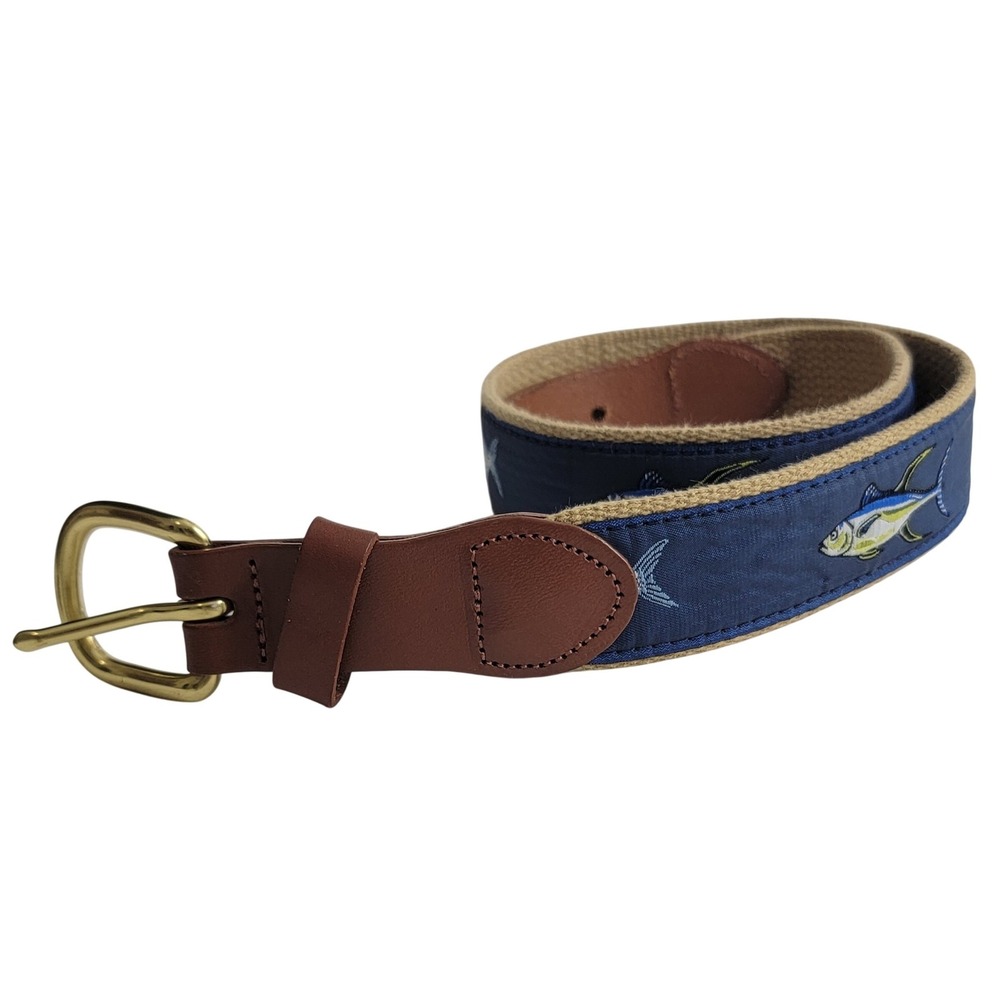 Leather Man Ltd Mens Navy Blue Canvas Leather Web Belt Fish Tuna Marlin Size 28